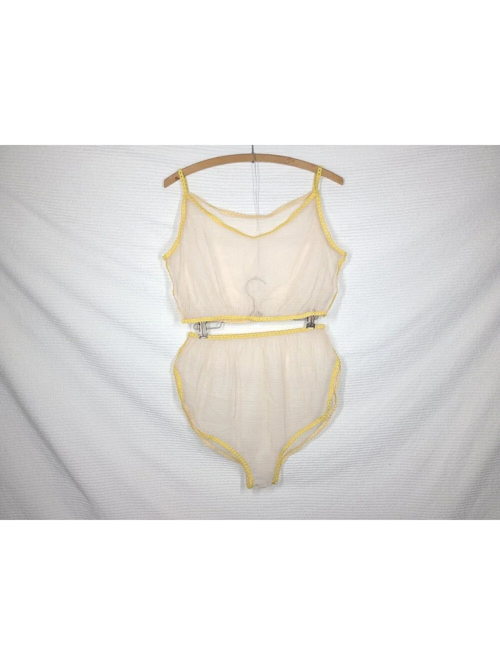 Vtg Sheer Mesh Lingerie Set L Nylon Net Ivory Cream See Thru NOS Chain Straps